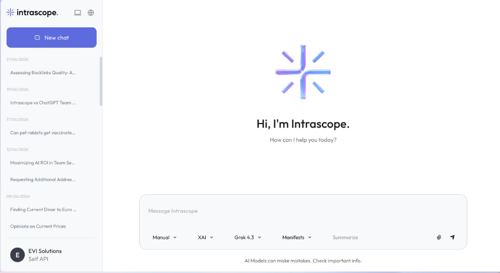 Intrascope chat interface with vendor, model and manifest selectors in the message composer