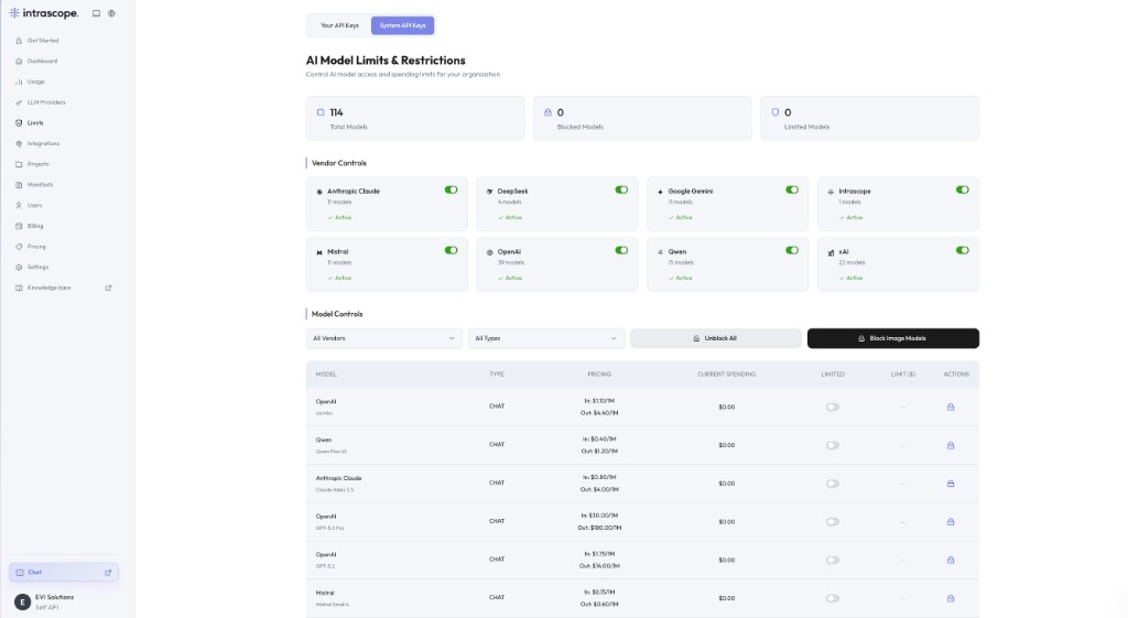 Intrascope AI Model Limits and Restrictions screen showing vendor controls and per-model spending limits