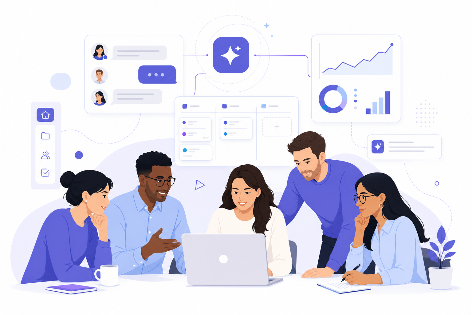 Startup team collaborating in a shared AI workspace