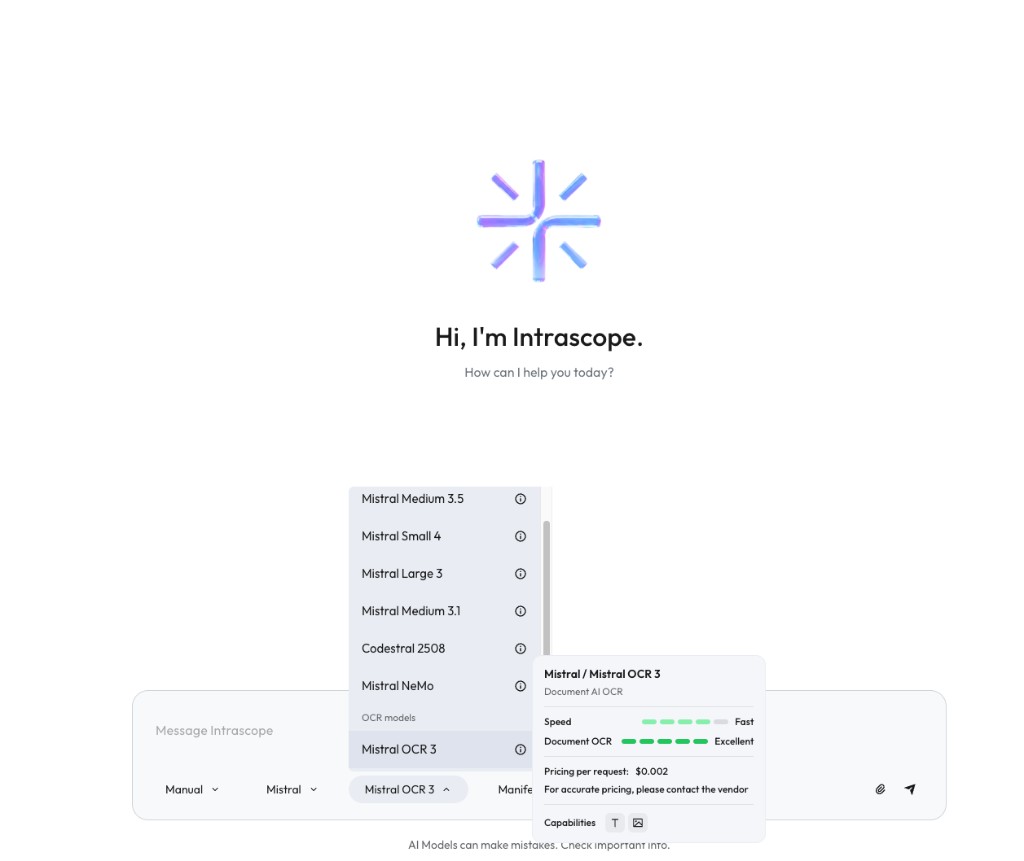Intrascope Manual mode showing Mistral OCR 3 document AI model with speed and OCR scores and per request pricing