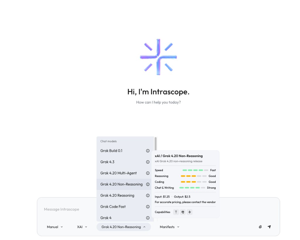 Intrascope Manual mode showing xAI Grok 4.20 Non-Reasoning with speed and chat writing strengths and pricing